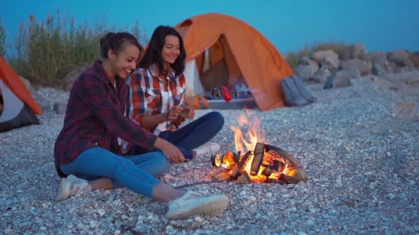 Adorável casal feminino assar legumes no fogo sentado na praia em tendas — Vídeo de Stock