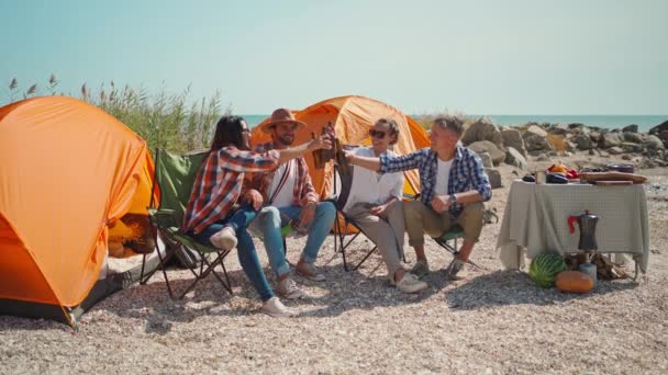 Cuatro amigos en el picnic bebiendo cerveza fría y botellas tintineo en el día soleado caliente en la playa — Vídeo de stock