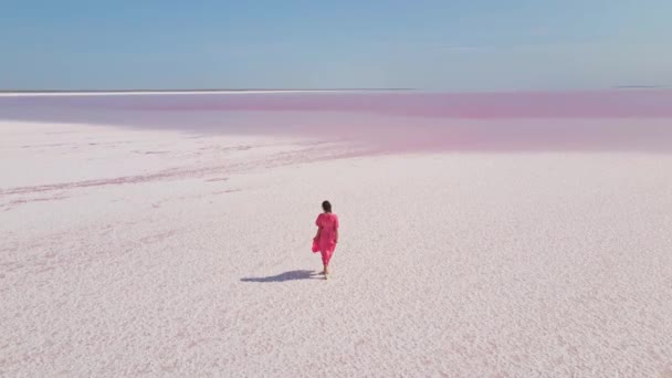 Drone aerea colpo di ragazza in soffiaggio abito rosa in piedi sul colorato lago rosa con ampio paesaggio costa bianca del sale paradiso. — Video Stock