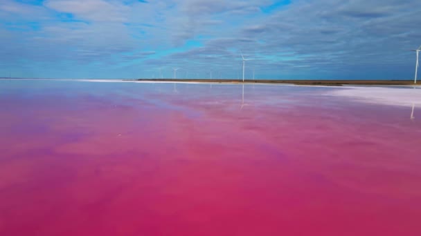 Smooth surface of colorful pink lake at cloudy sunrise with wind farm on background. — Stock Video