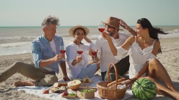 Slow motion beelden van vier vrolijke vrienden die feestvieren met wijn en juichen op een strandfeest of picknick. vrolijke mensen kloppen wijnglazen en drinken — Stockvideo