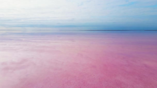 带风电场背景的多云日出时色彩艳丽的粉色湖面. — 图库视频影像