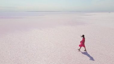 Pembe elbiseli çekici genç kadını takip eden sinematik hava aracı geniş beyaz tuz sahili cennet manzaralı pembe göl üzerinde yürüyor..