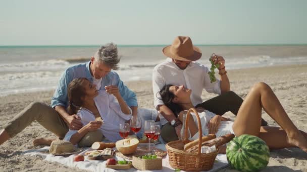 Cztery tysiąclecia przyjaciele mają piknik na piaszczystej plaży w słoneczny dzień następny falujące morze — Wideo stockowe