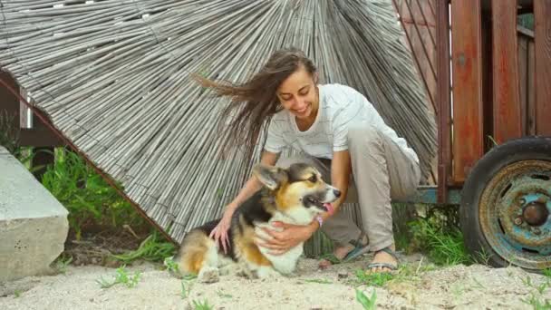 Fröhliches lustiges Mädchen lächelt und verbringt Zeit mit ihrem süßen Corgi-Hund im Freien — Stockvideo