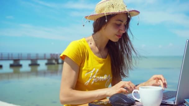 Mujer freelancer utilizando ordenador portátil en la playa por mar. manos escribiendo texto en el teclado, la búsqueda de información. — Vídeos de Stock
