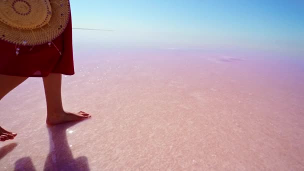 Vrouw benen in rood rok lopen op zout wit strand, met stro hoed — Stockvideo