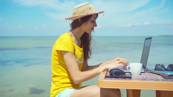 Woman freelancer working on laptop computer, keyboarding text and holding cup with coffee on beach. — Stock Video