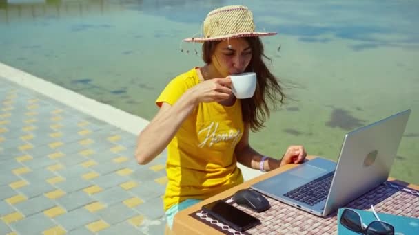 Freelancer feminino trabalhando no computador portátil, bebendo café da xícara na praia — Vídeo de Stock