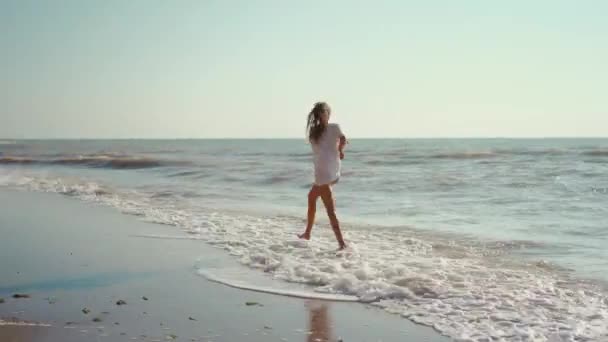 Glad leende kvinna med corgi hund som springer längs stranden av havet med vågor, känsla välbefinnande och frihet. — Stockvideo