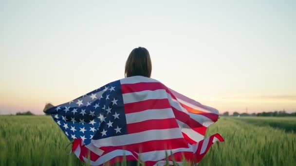 Vista posteriore rallentatore filmato di donna in campo mette le mani con la bandiera d'America. — Video Stock