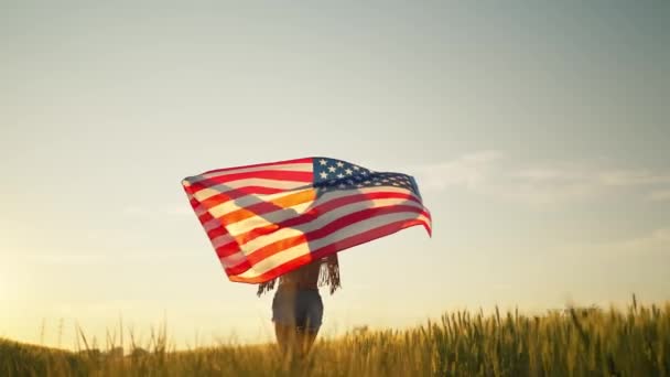 Drapeau américain. Jeune belle femme brune agitant des drapeaux américains dans un champ de blé — Video
