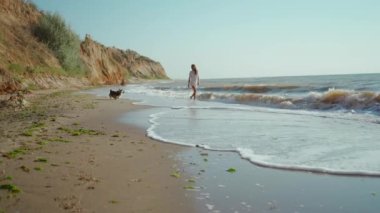 Mutlu, gülümseyen bir kadın ve Corgi köpeği dalgalarla deniz kıyısında koşuyorlar, refah ve özgürlük hissediyorlar..