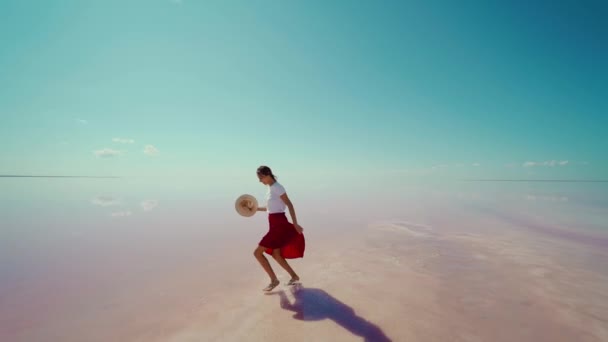 Mujer feliz en falda roja corriendo, disfrutando de brillante lago de sal rosa con cielo azul — Vídeos de Stock