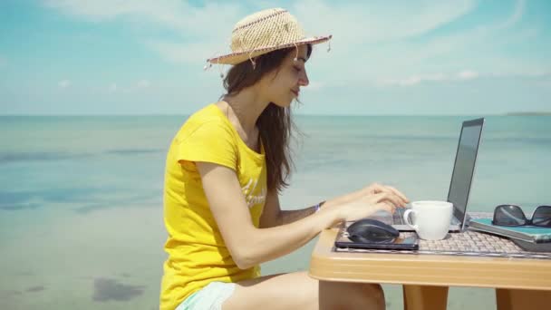 Mujer freelancer trabajando en computadora portátil, texto de teclado y taza de celebración con café en la playa. — Vídeo de stock