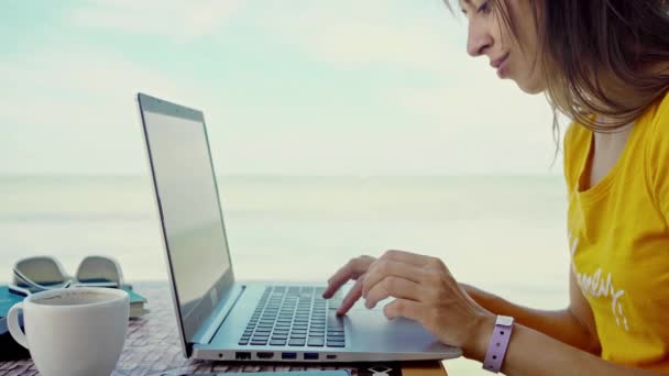 Mujer concentrada trabajando al aire libre por el mar azul en el ordenador portátil — Vídeos de Stock