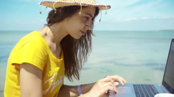 Mujer concentrada trabajando al aire libre por el mar azul en el ordenador portátil — Vídeos de Stock