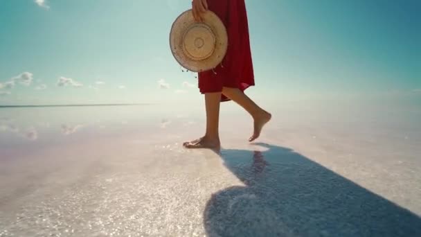 Zijaanzicht vrouw benen in rood rok lopen op zout wit strand, met strohoed — Stockvideo