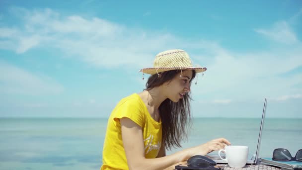 Side view καλοκαίρι freelancer γυναίκα που εργάζονται σε φορητό υπολογιστή από μπλε θάλασσα κατά τη διάρκεια του ταξιδιού της — Αρχείο Βίντεο