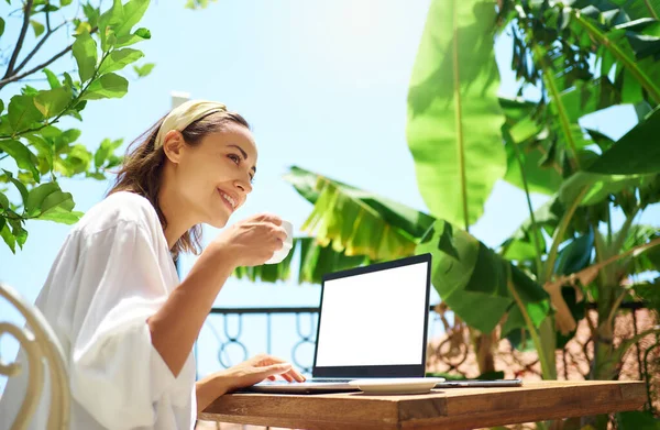 Frilanser, kvinnfolk, drikker koavgift på balkong, sitter med laptop blank skjerm – stockfoto