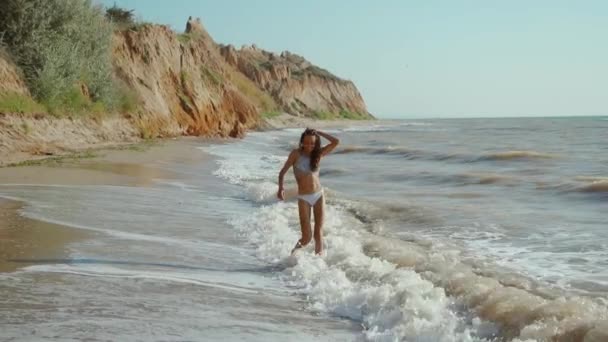 Zeitlupe einer fröhlichen, fröhlichen Frau mit perfektem schlanken Fitnesskörper im Bikini, die Wind und Wellen an der Küste nach dem Sturm genießt — Stockvideo