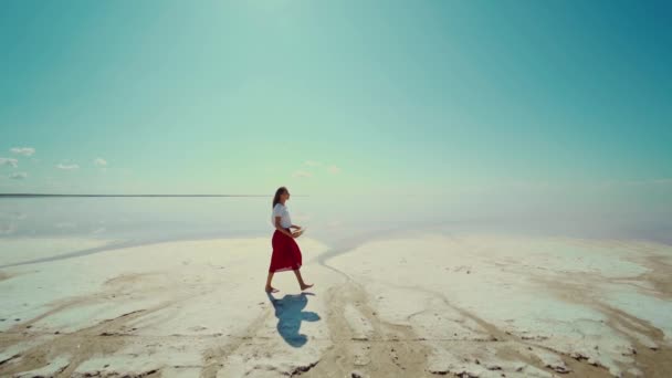 Elegante mujer viajera bonita feliz en pisos de sal lago de color rosa brillante, chica con falda larga roja con sombrero de paja en la mano — Vídeos de Stock