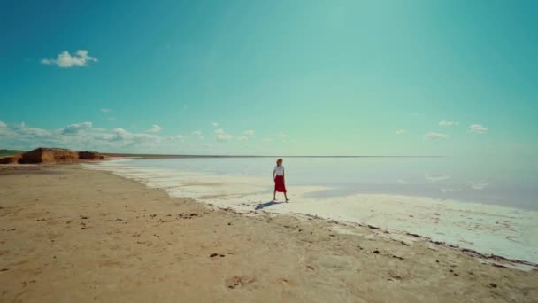 Αργή κίνηση πλάνα όμορφο τοπίο και γυναίκα με τα πόδια σε λευκή παραλία κοντά στο αλάτι ροζ λίμνη — Αρχείο Βίντεο