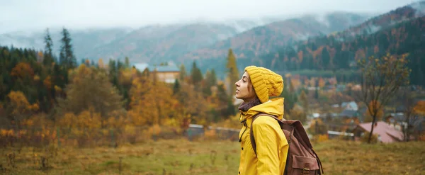 아름다운 산 앞에서 있는 화려 한 풍경의 모험적 인 여인 — 스톡 사진