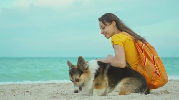 Attrayant jeune femme souriant et passer du temps avec son chien de corgi mignon animal de compagnie à l'extérieur à la plage de sable fin au coucher du soleil. — Video