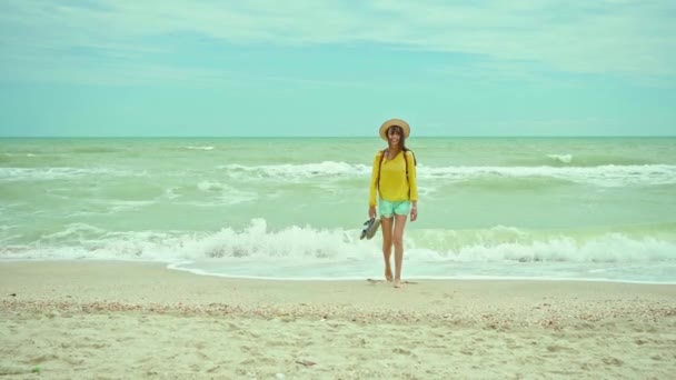 Donna godendo a piedi spiaggia sabbiosa in ventosa giornata tempestosa, agitando il mare. Concetto di sogno di fuga. Libertà estate ragazza godendo maestoso paesaggio marino — Video Stock