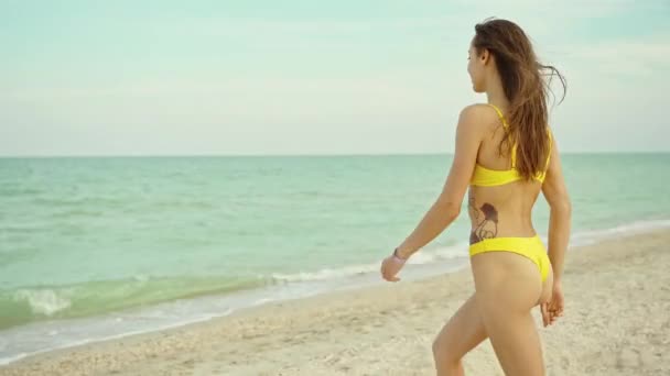 Sexy bikini lichaam vrouw met perfecte billen wandelingen op zand strand naar zee — Stockvideo