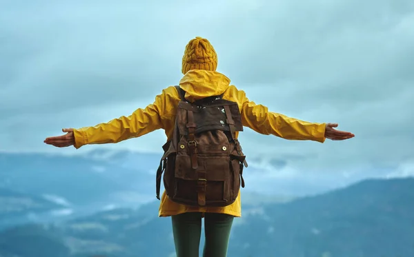 Vista trasera mujer en las montañas, de pie con las manos abiertas, disfrutando de paisajes naturales helados —  Fotos de Stock