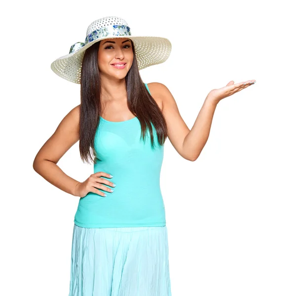 Happy smiling woman showing open hand — Stock Photo, Image