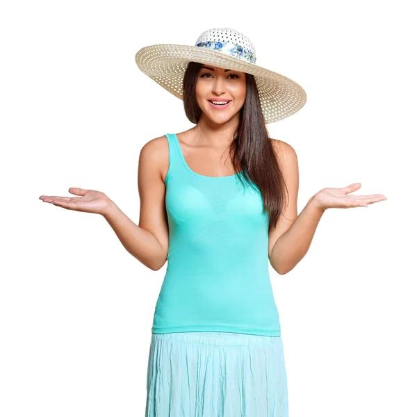 Happy smiling woman showing open hand — Stock Photo, Image