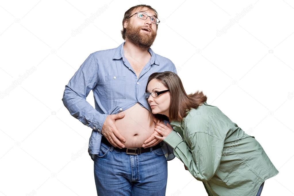 fat man with tummy and woman on a white background