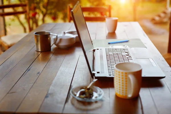 Laptop-datamaskin og kaffe i hagen stockfoto