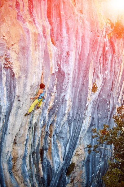 Scalatore di roccia che si arrampica su una falesia — Foto Stock