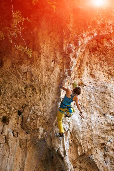 Scalatore di roccia che si arrampica su una falesia — Foto Stock