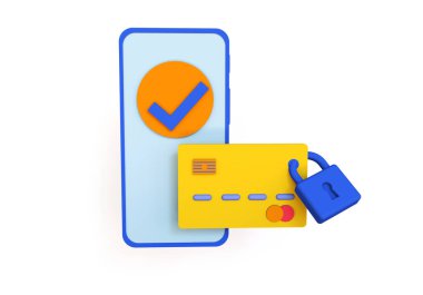 Güvenlik kilidi kredi kartları ve mobil ödemeler, son moda 3D illüstrasyon. Finansal güvenlik ve çevrimiçi alışveriş kavramı.