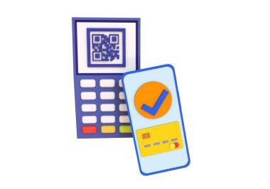 Pos-terminal ve cep telefonu modayı 3 boyutlu illüstrasyon. Mobil nakit ödeme sistemi, qr kodunu tara. 
