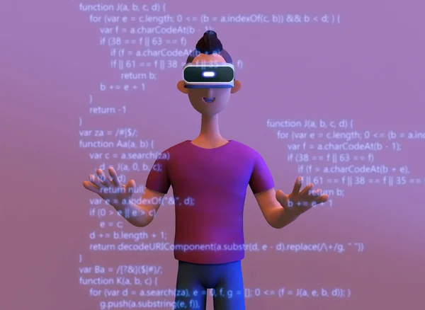 Programmer working in a software development company office with VR. Concept of script coding and programming in javascript. Trendy 3d illustration.