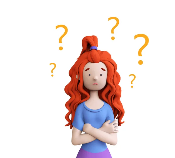 表情や疑問符を頭の上に持つ赤い髪の少女 学生はどの職業を選ぶべきか考えている トレンド3Dイラスト — ストック写真