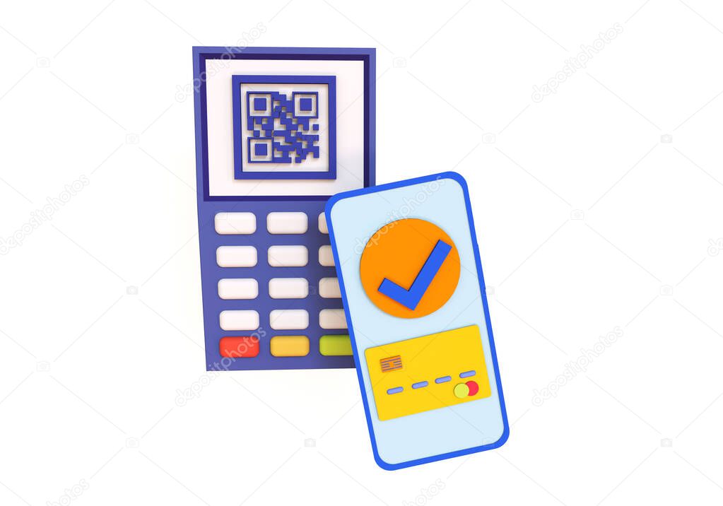 Pos-terminal and mobile phone trendy 3d illustration. Mobile cashless payment system, scan qr code. 