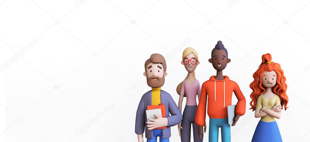 Portrait of a group of colleagues on a white background template. Business teamwork concept. Trendy 3d illustration