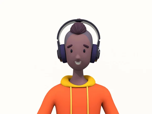 Cartoon Afro Amerikaanse Man Luisteren Muziek Podcast Hoofdtelefoon Massa Media — Stockfoto