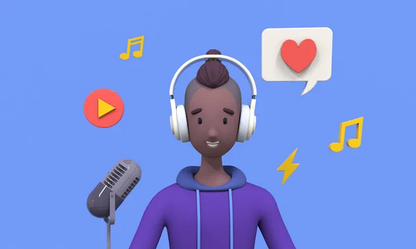 Podcast concept. Cartoon afro american guy  listening and recording audio podcast. Mass media broadcasting trendy 3d illustration.