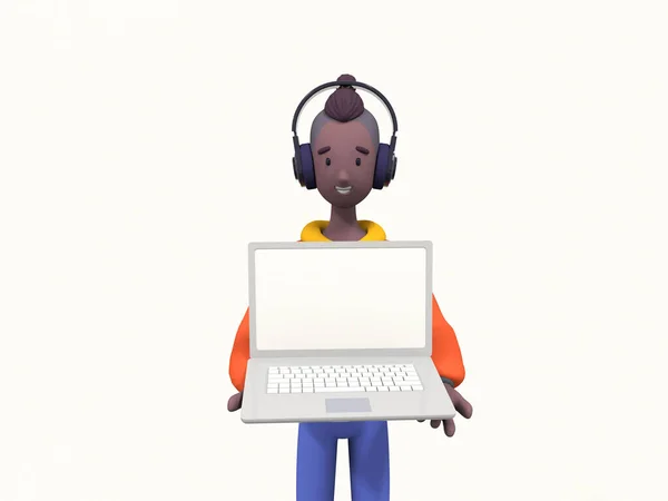 Black smiling guy with headphones holding laptop, cartoon device mockup. Funny cartoon characters, trendy 3d illustration.
