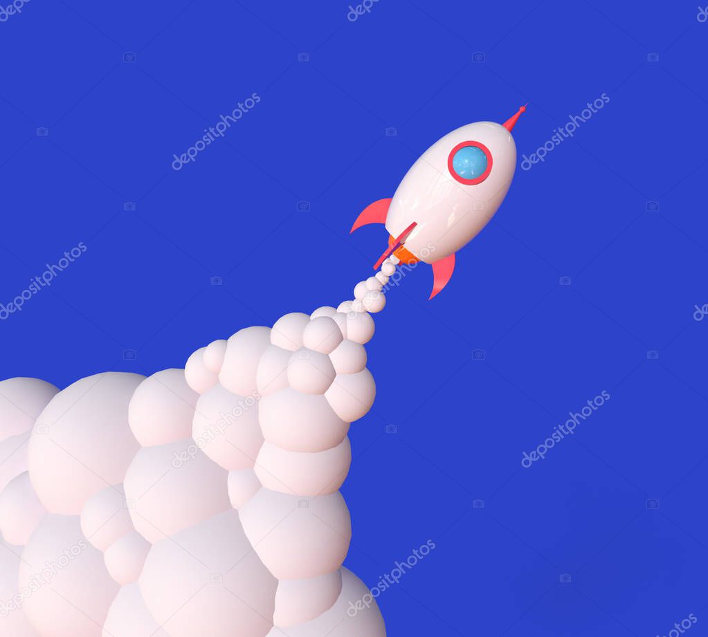 Business startup and motivation concept, Cartoon rocket takes off Trendy 3d illustration.