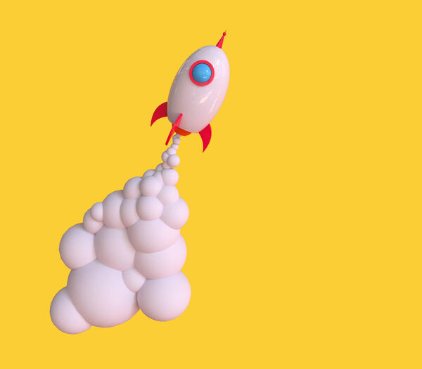 Cartoon rocket takes off on a yellow background. Business startup and motivation concept, Trendy 3d illustration.