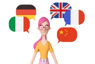 Farklı diller öğrenen genç bir kız, çok dillilik kavramı. Kız çeşitli yabancı diller konuşuyor. Moda 3d illüstrasyon. 